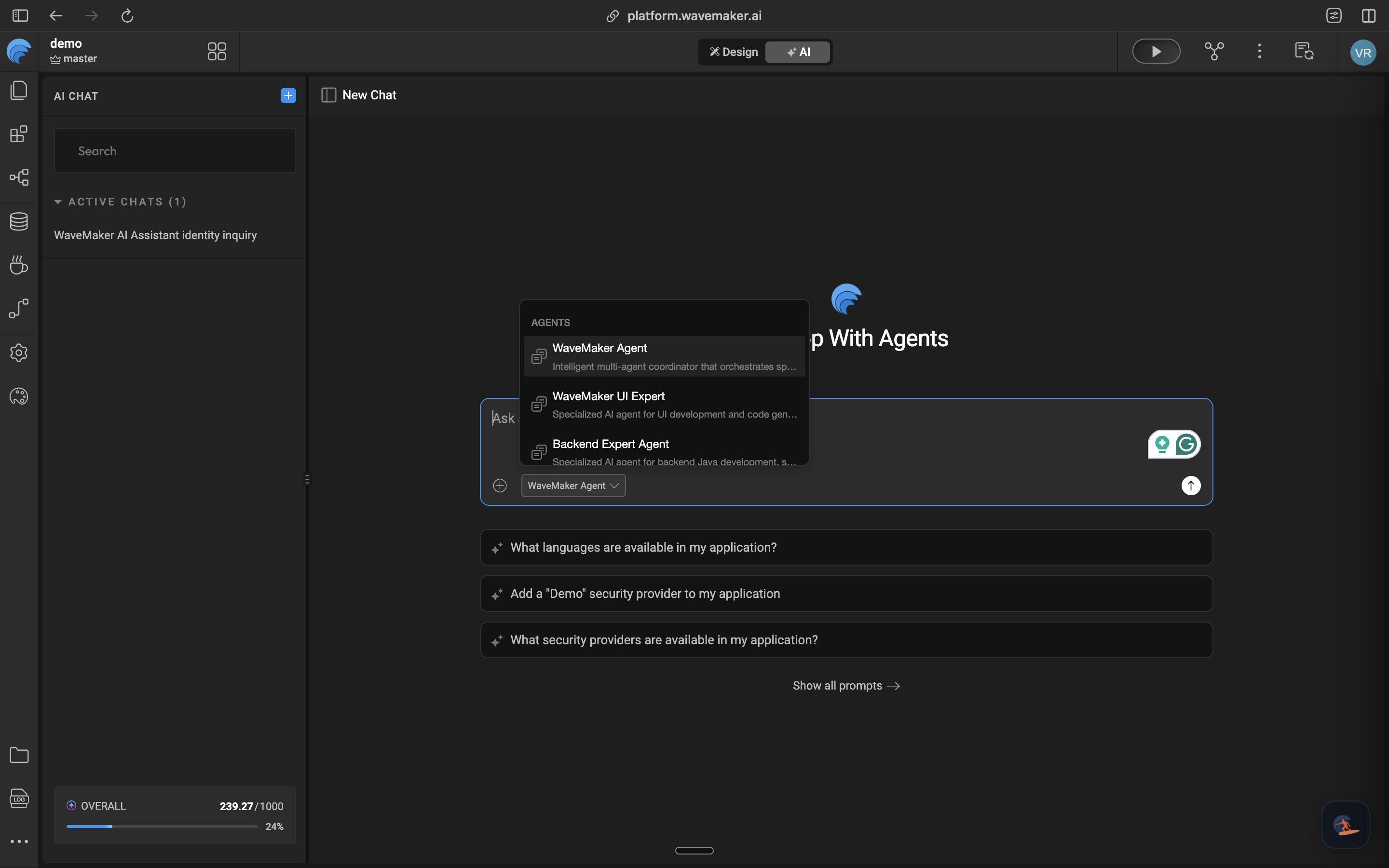Agent selector in the WaveMaker Studio AI workspace showing WaveMaker Agent, WaveMaker UI Expert, and Backend Expert Agent