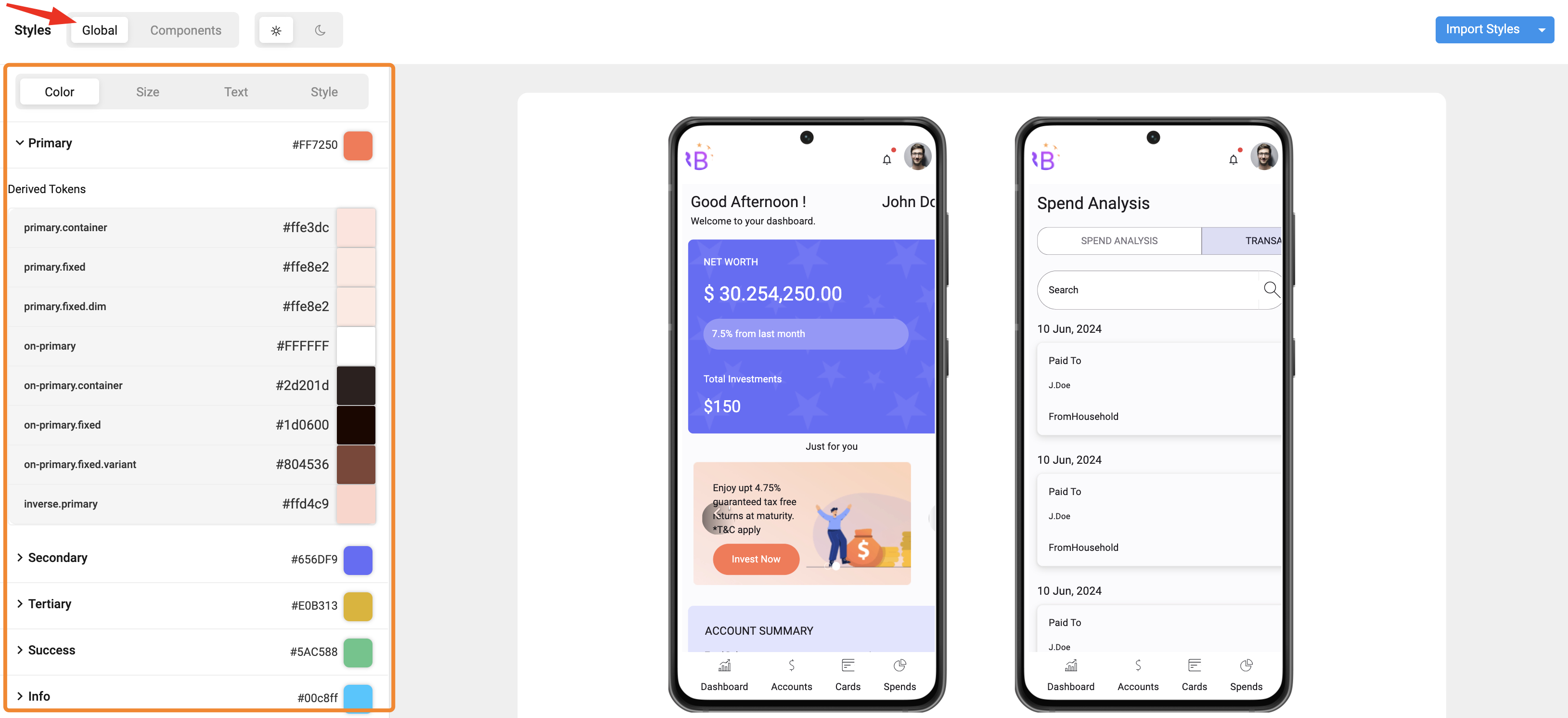 Global tab in Style Workspace showing Primary color tokens and derived values with mobile previews on the right